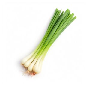 Photo of green onions on a white background.